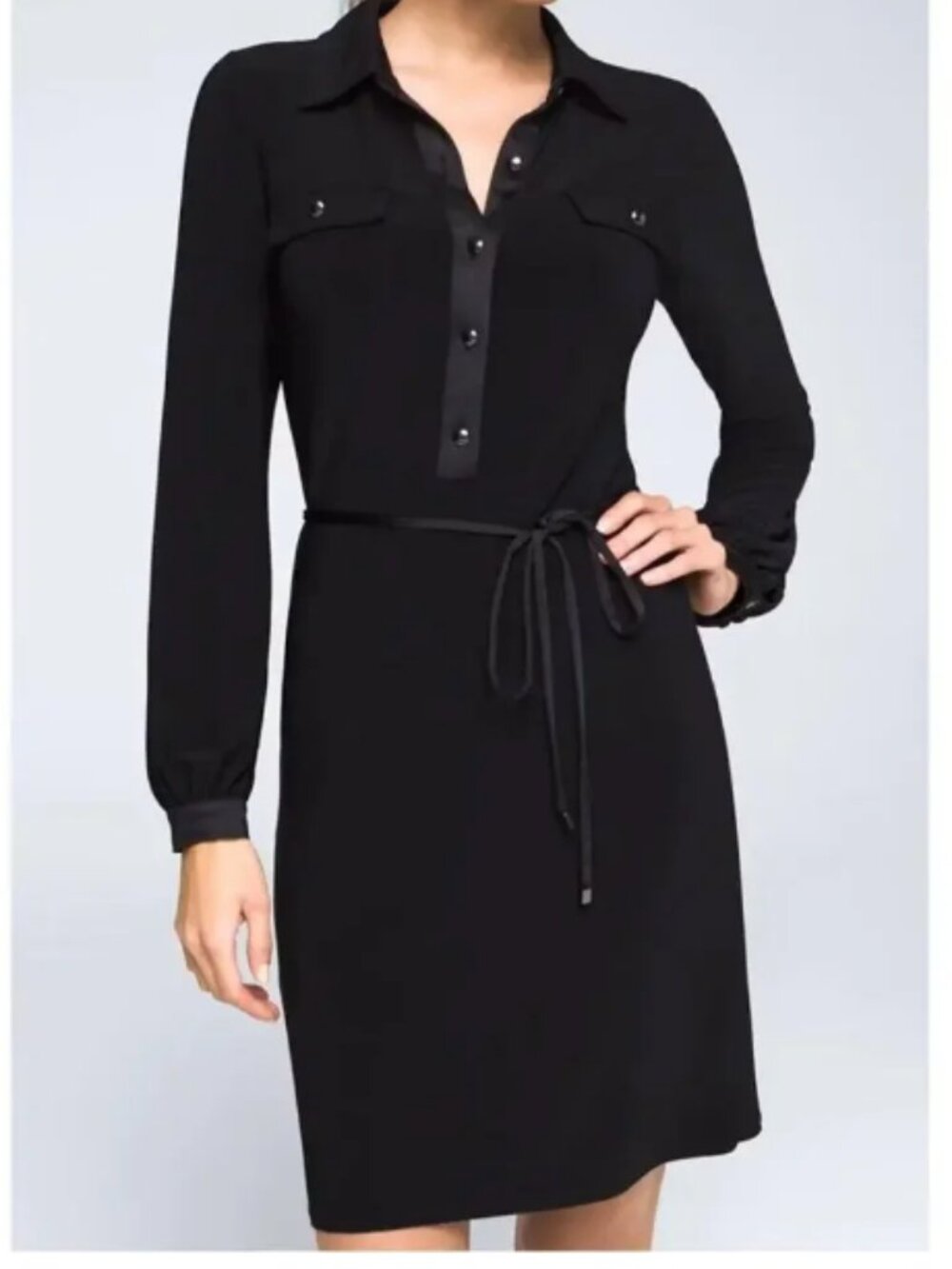 White House Black Market Black Long Sleeve Satin-Trim Shirt Dress